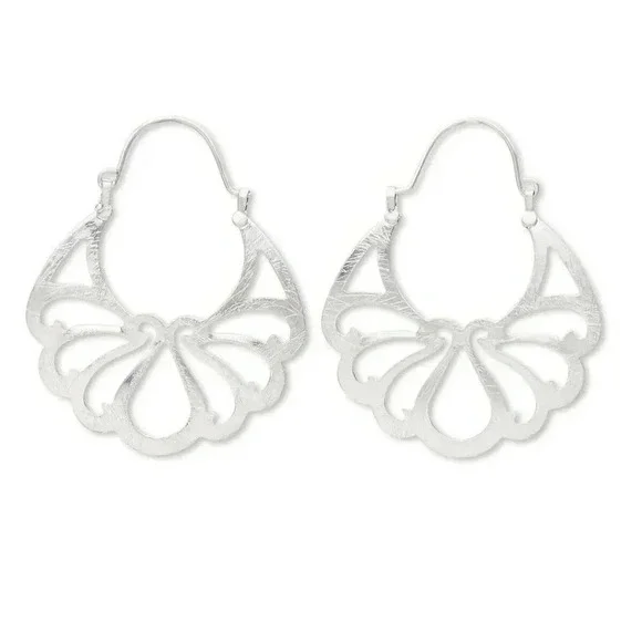 Elegant Silver Brushed Steel Abstract Lotus Flower Filigree Cutout Earrings - Picture 1 of 2